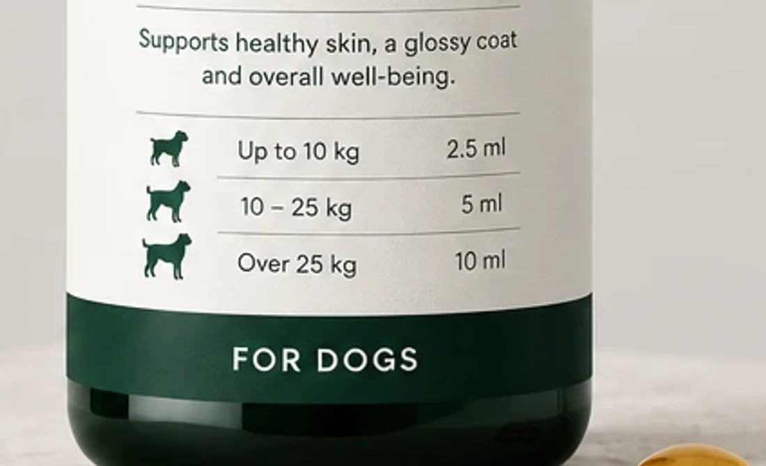 The dosing chart printed on the label: up to 10 kg 2.5 ml, 10 to 25 kg 5 ml, over 25 kg 10 ml