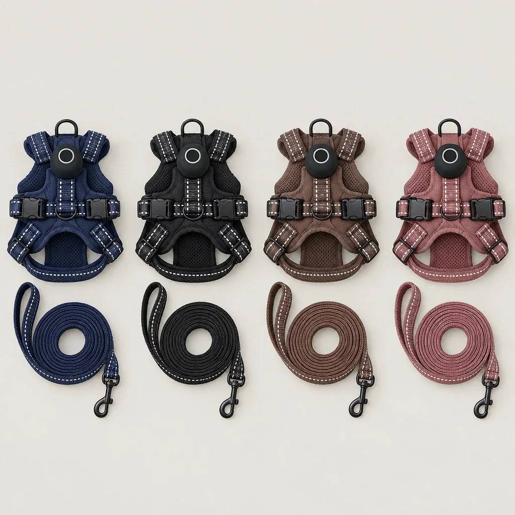 The harness and matching leash in navy blue, obsidian black, coffee brown and rose red