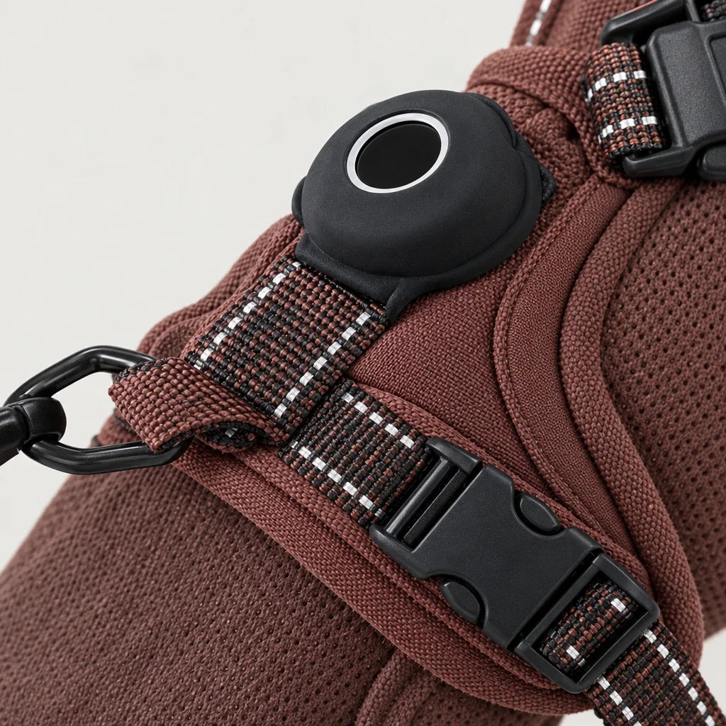 Close-up of the silicone tracker pocket and quick-release buckle