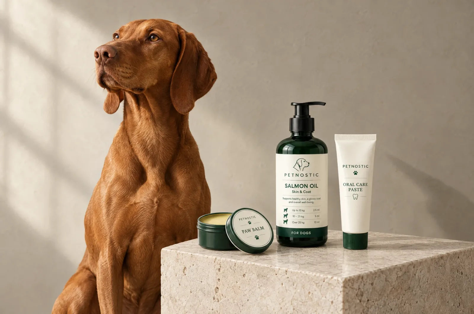 A Vizsla sitting beside Petnostic paw balm, salmon oil and oral care paste on a stone plinth