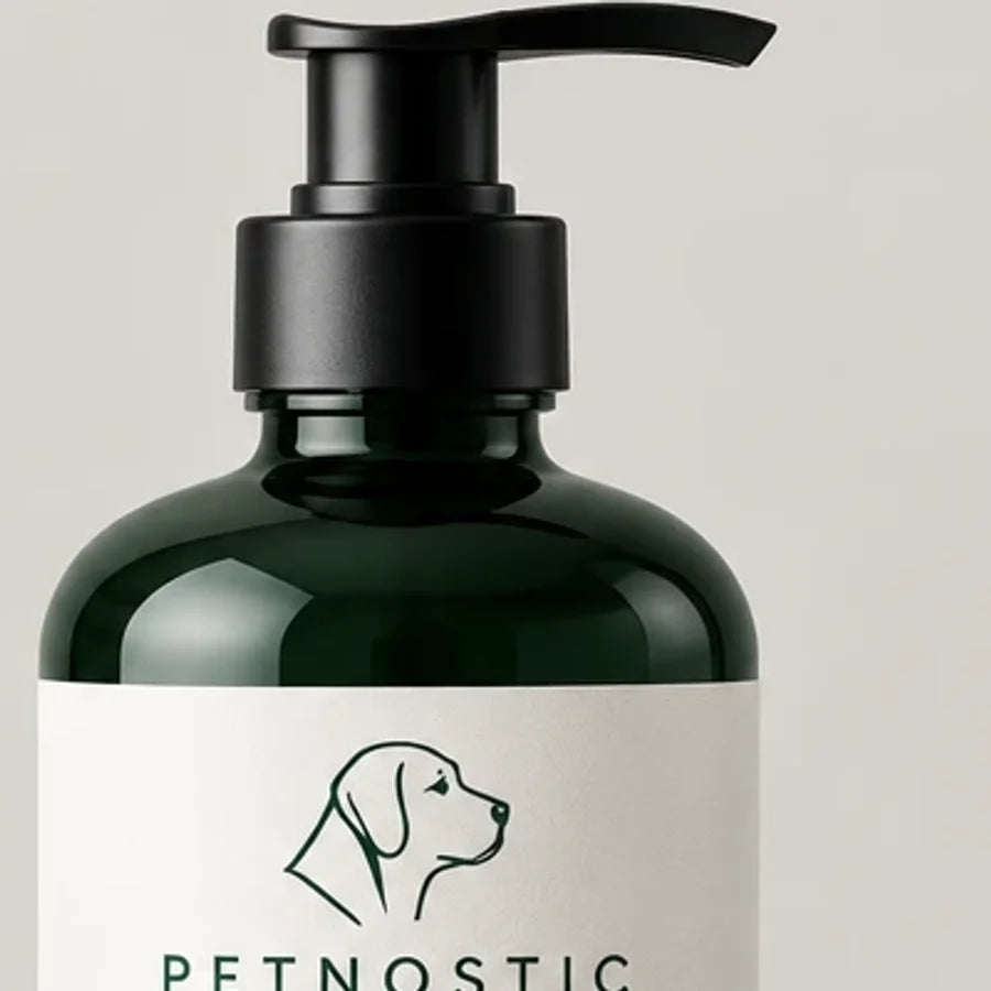 Close-up of the sealed pump and the Petnostic dog-head mark on the bottle