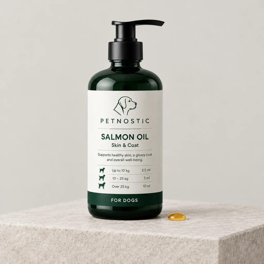 Petnostic salmon oil in a dark green bottle with a black pump