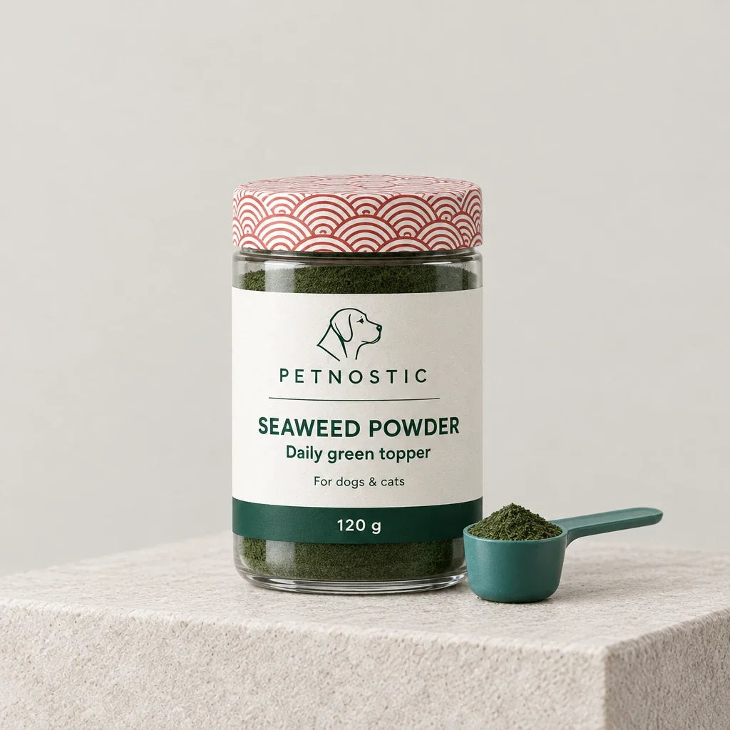 Petnostic seaweed powder in a 120 g glass jar with a measuring scoop of green powder beside it